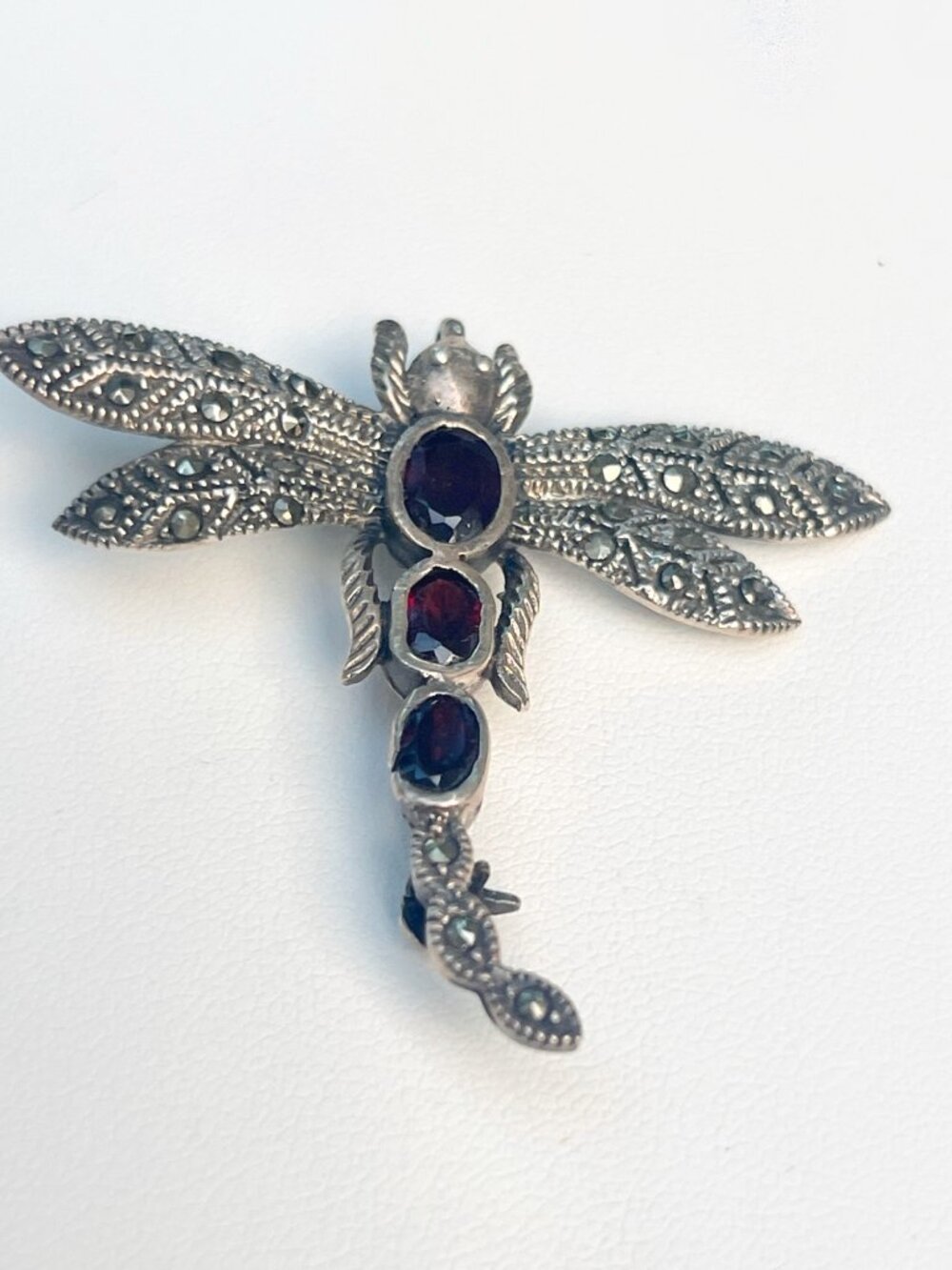 Vintage Sterling Silver Dragonfly Brooch With Marcasite And Garnet Stones